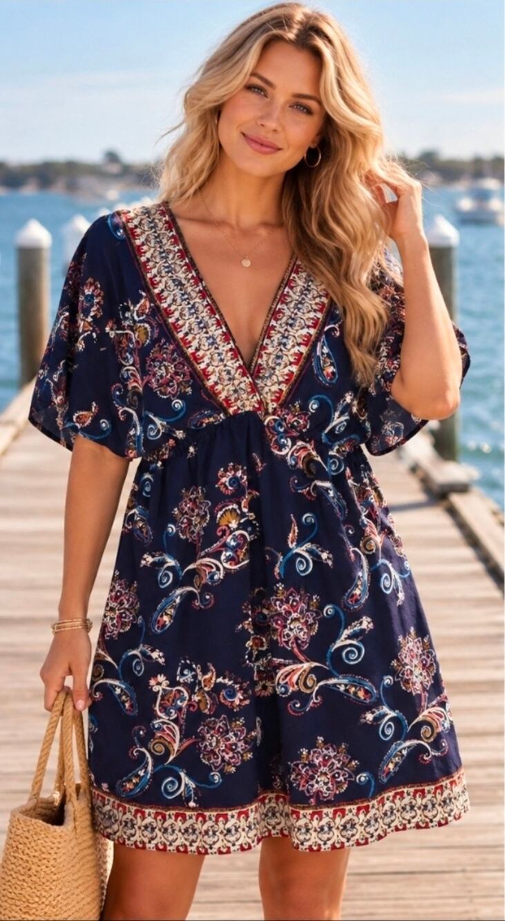 #291 MSRP $65 NWT ANGIE NAVY PAISLEY KIMONO SLEEVE MINI DRESS/TUNIC ♡SIZE L♡
